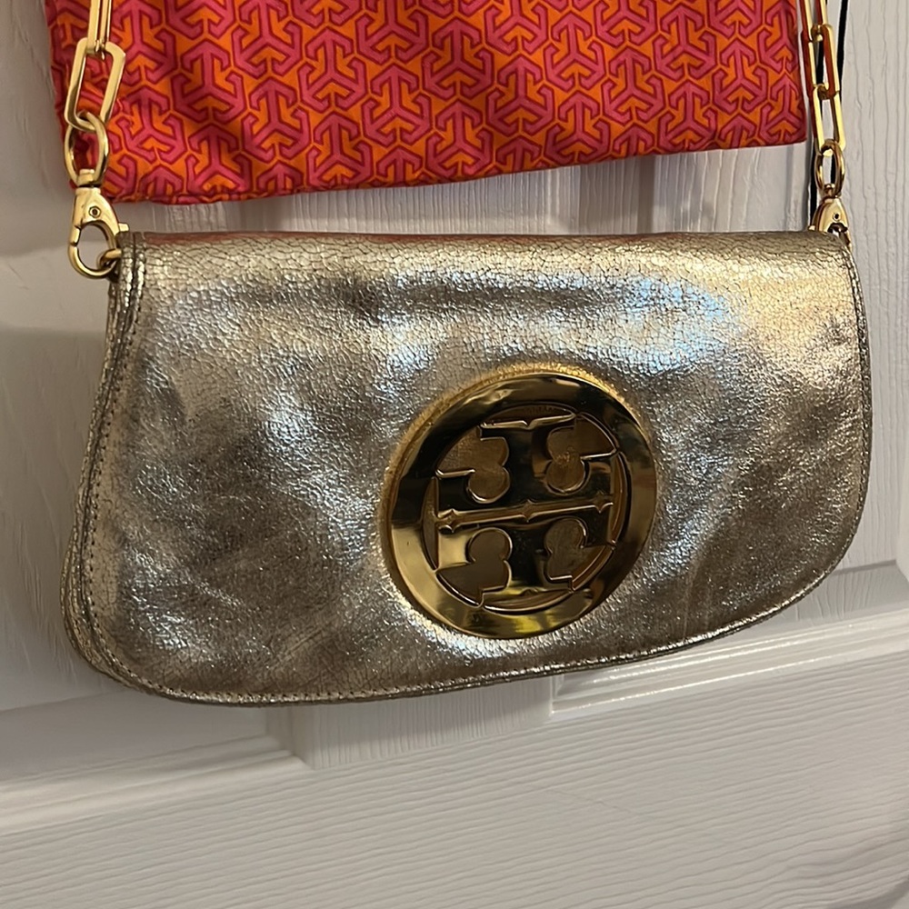 Tory Burch Gold Shimmer Flip Top Purse + Dust Bag w/ gold chain.